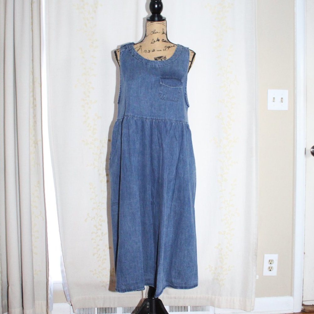 BUYKUD Blue Denim Sleeveless Pleated Maxi Pinafore Dress Women's One Size